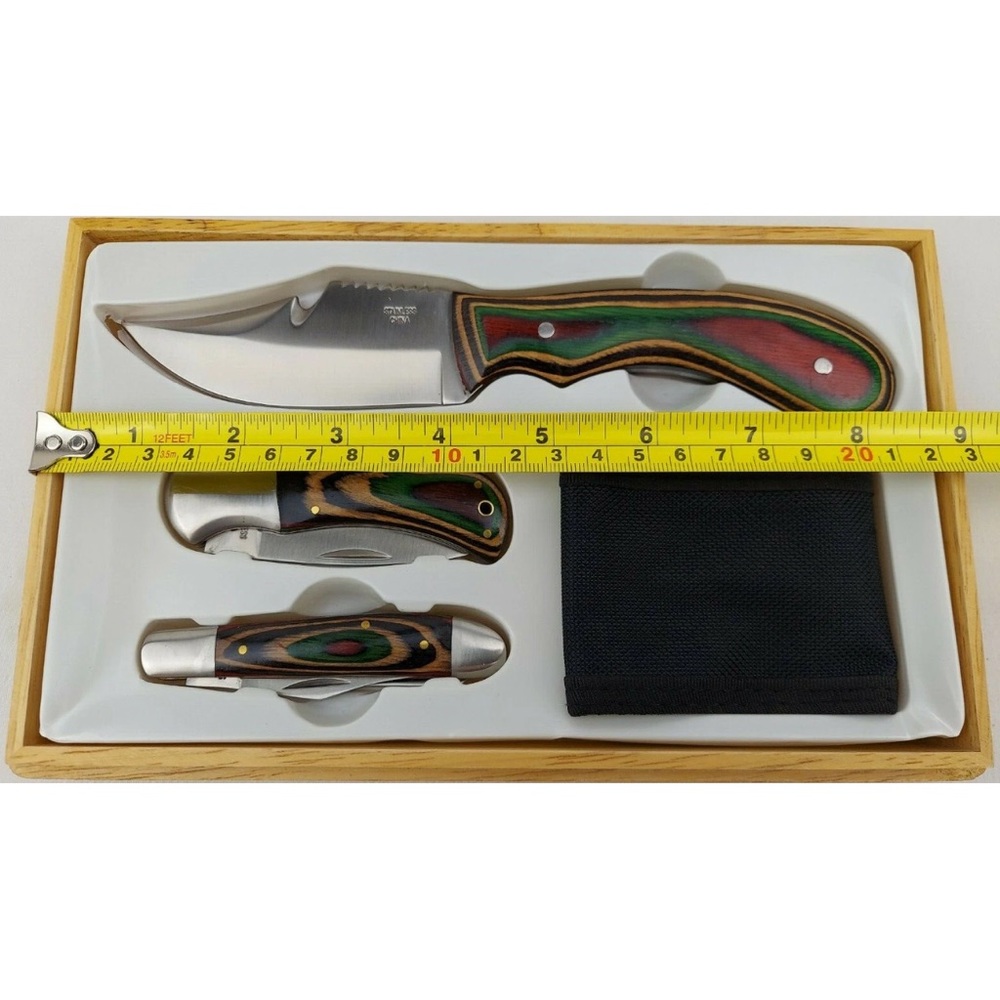 3 Piece Knife Set with Wood Box Stainless Steel Blades Pakkawood Handles NIB - Picture 2 of 7